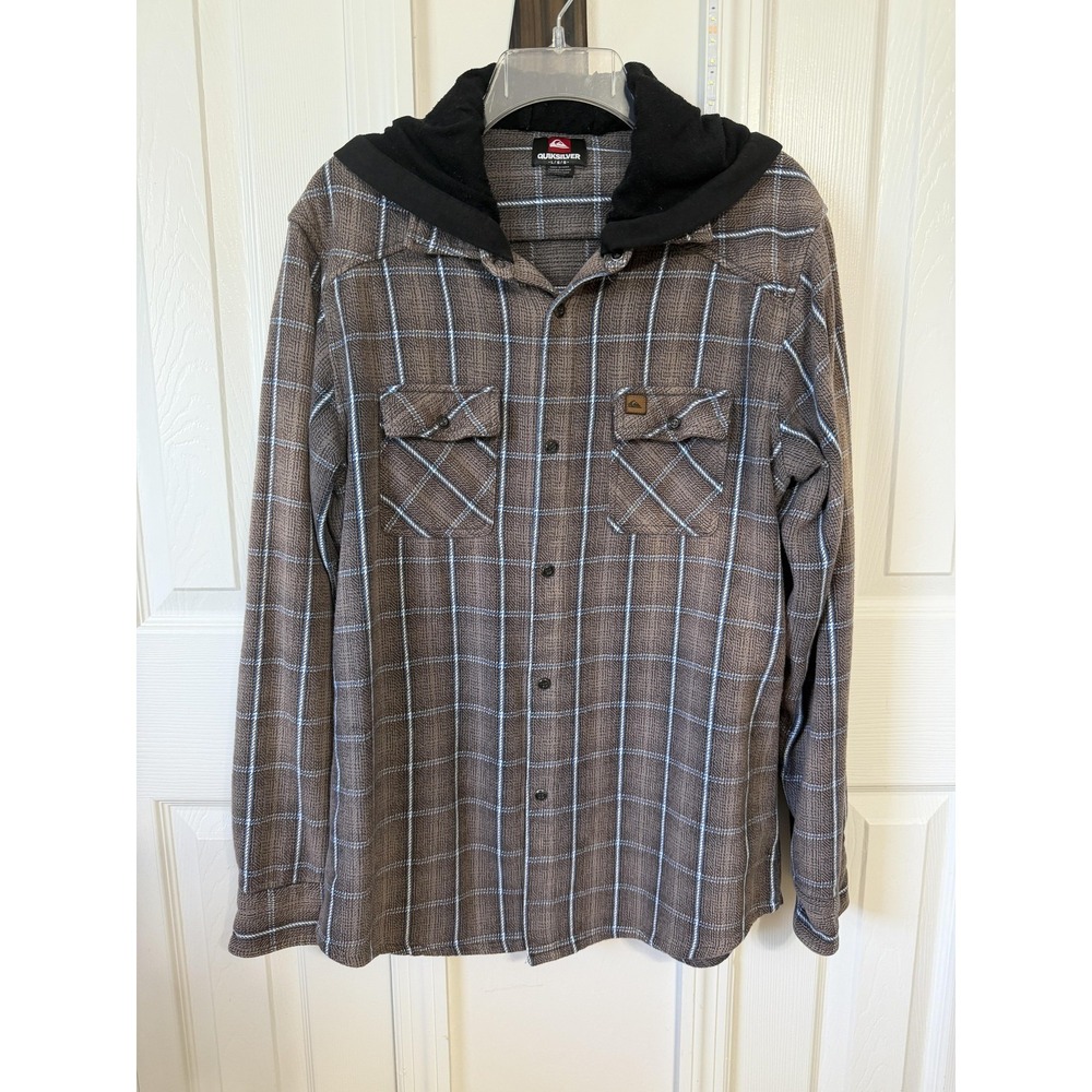 Quiksilver Mens Large Hooded Plaid Button Down Shirt Brown Blue Long Sleeve L